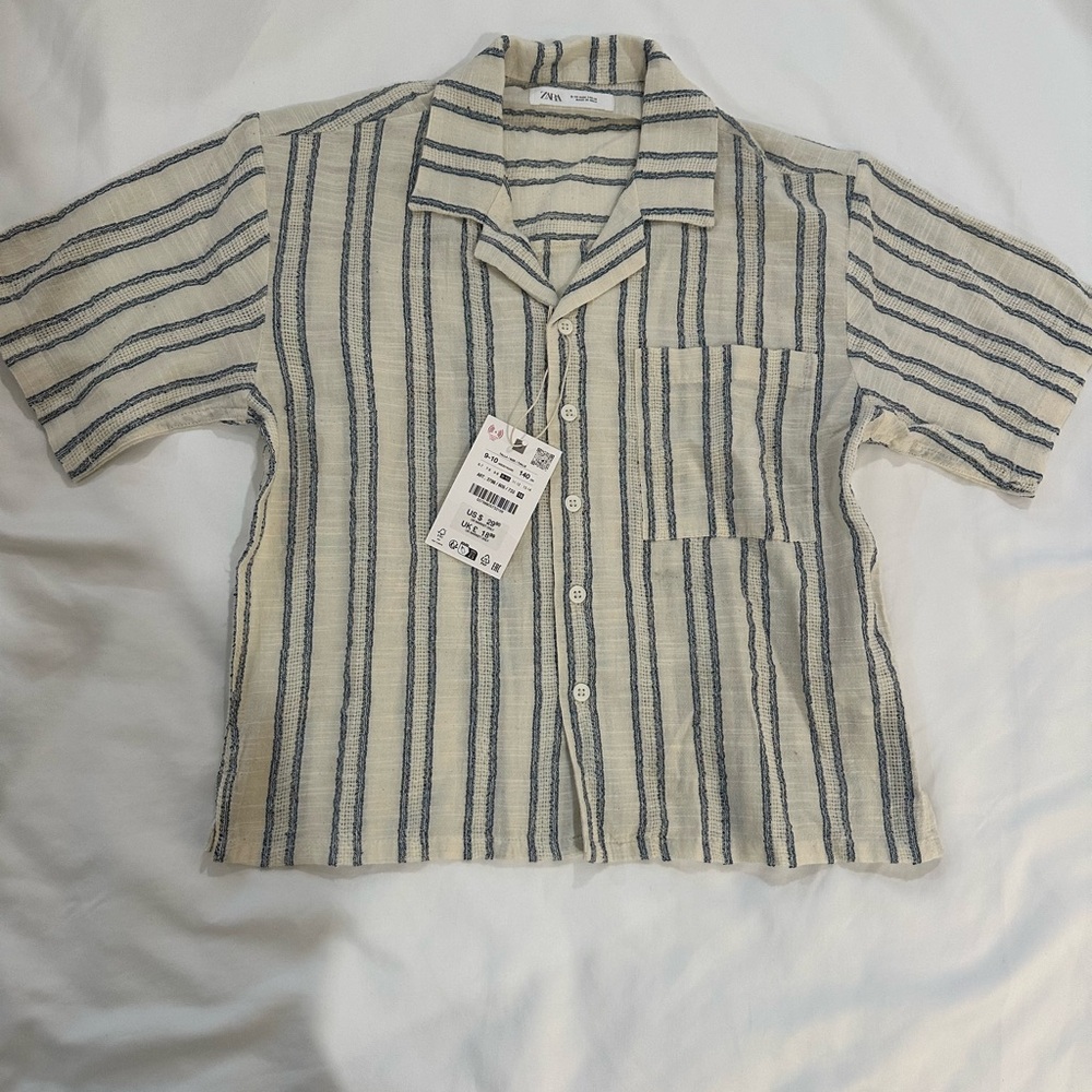 Zara Kids Striped Button Down Shirt - Cream and Blue